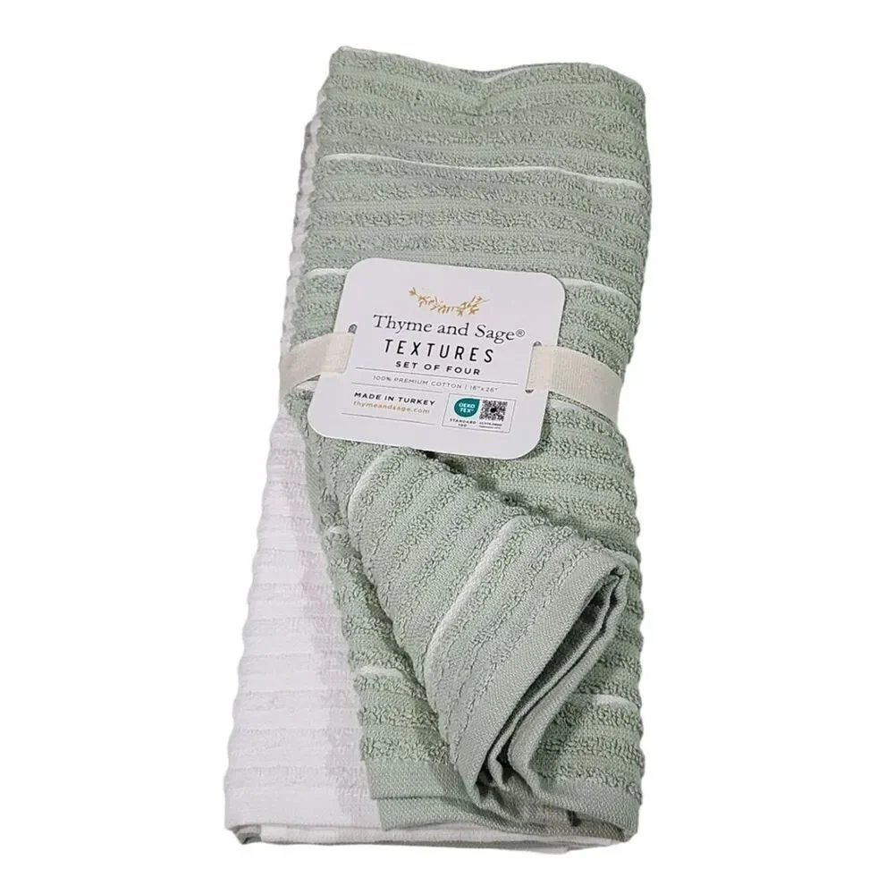 Thyme and Sage Kitchen Towel Set of 4pcs‎ Green and White Striped Turkish Cotton